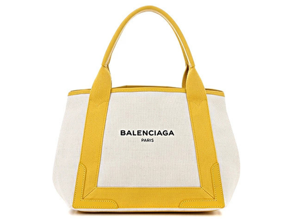 Balenciaga Navy Blue Cabas Tote Bag Canvas Calfskin Yellow